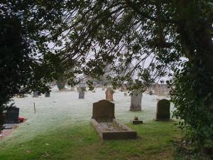 Photo of a frosty graveyard glimpsed through trees.